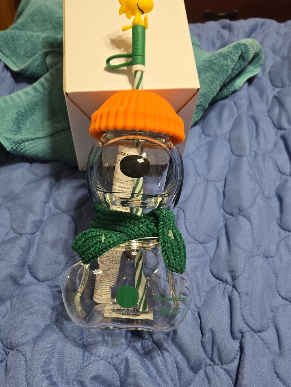 Starbucks GLASS SNOOPY Cup with Orange Beanie and Green Scarf